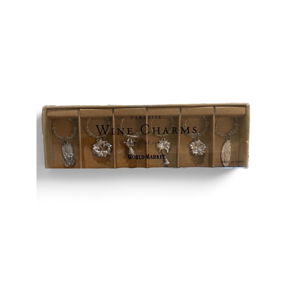 World Market Paradise Wine Charms Set of 6 Silver Tropical Beach Theme New - Picture 2 of 2